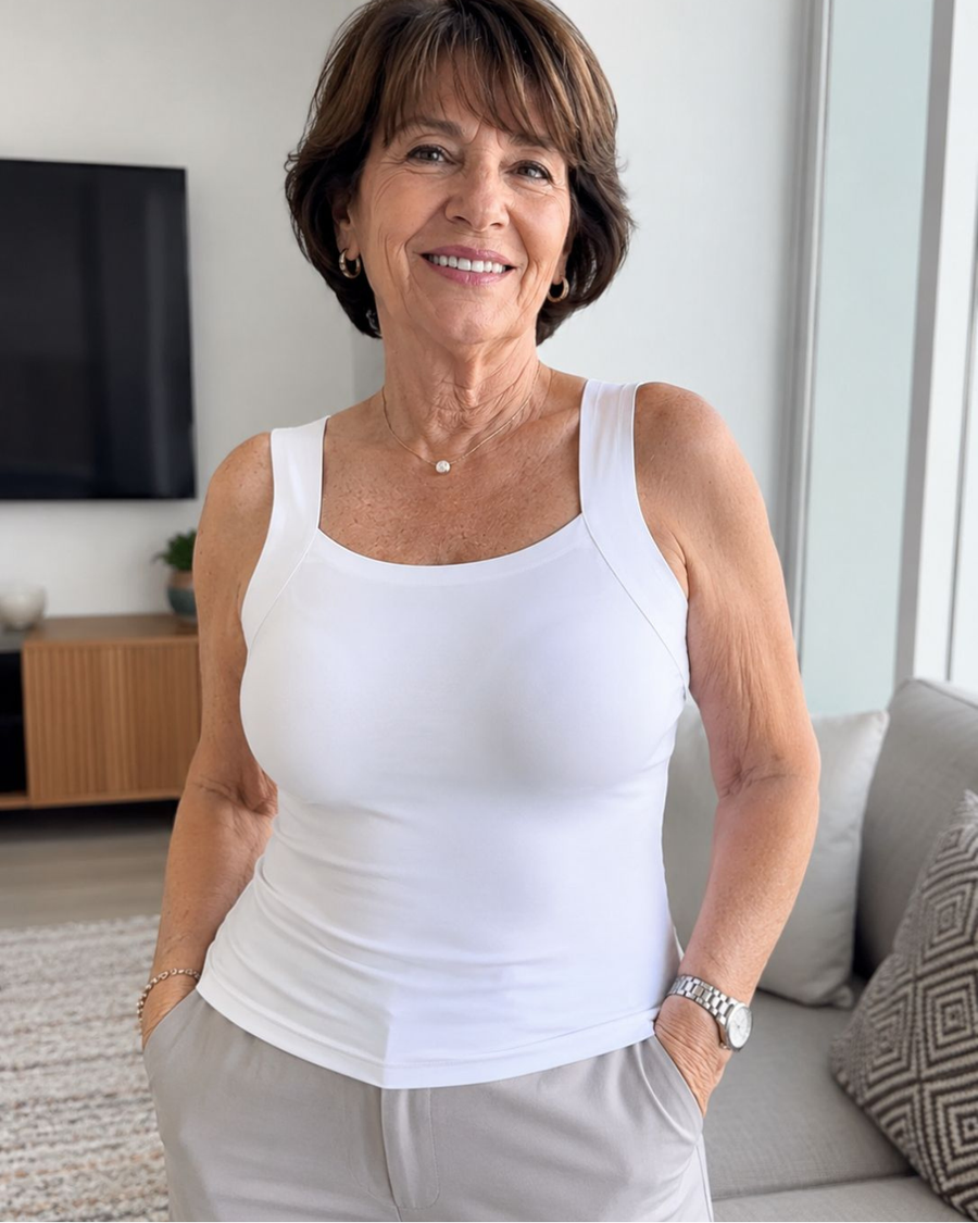 Customer wearing the supportive built-in bra camisole