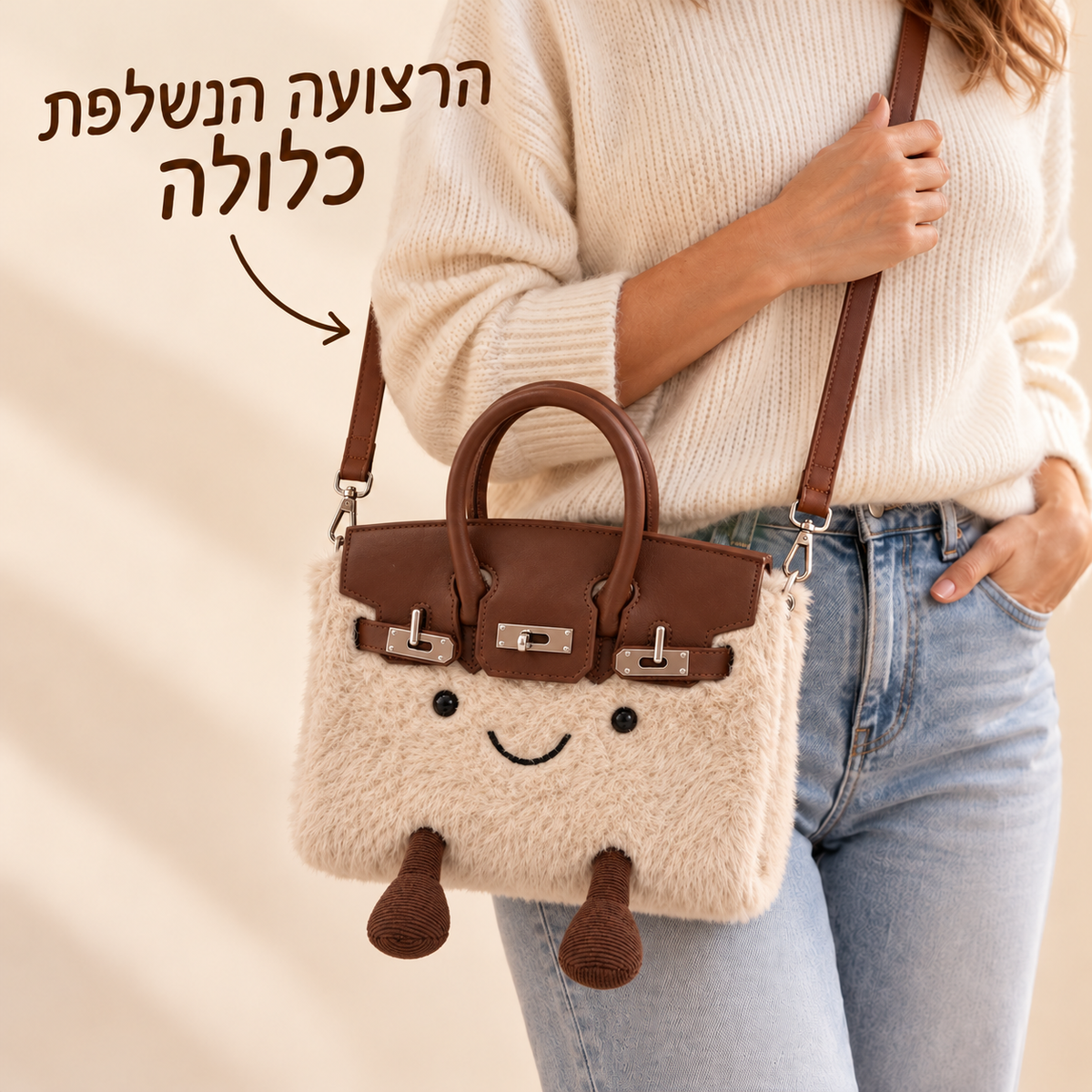 תיק נוארה בז׳ עם הרצועה הנשלפת הכלולה