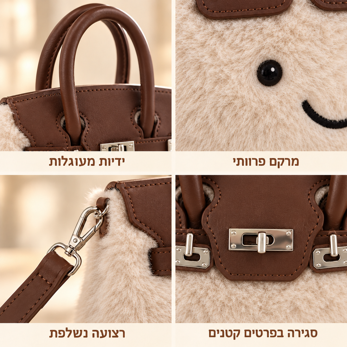 פרטי התיק: מרקם פרוותי, ידיות מעוגלות, סגירה ורצועה נשלפת
