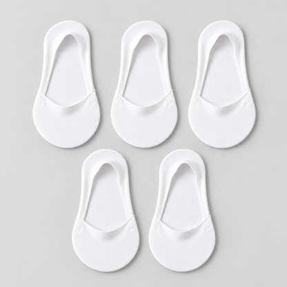 Five white low-cut socks with smooth opening edges; pack contains 5 pairs.