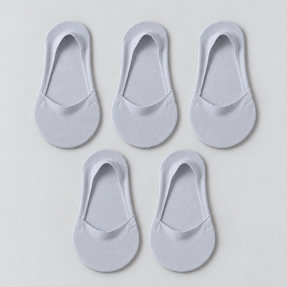 Five light-gray low-cut socks with smooth opening edges; pack contains 5 pairs.