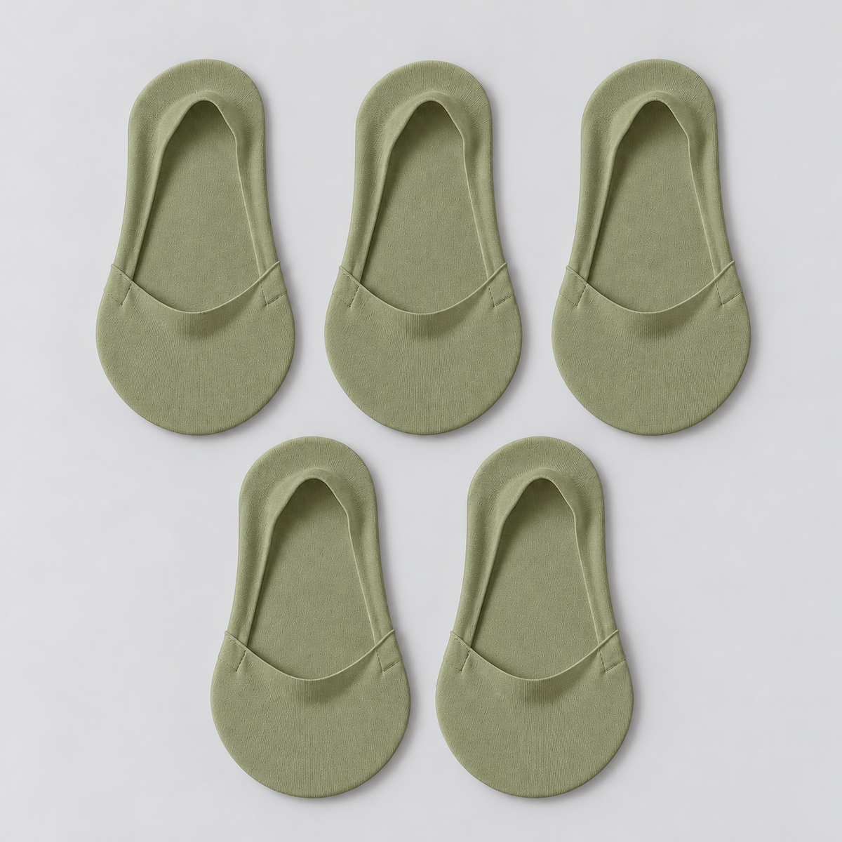 Five olive low-cut socks with smooth opening edges; pack contains 5 pairs.