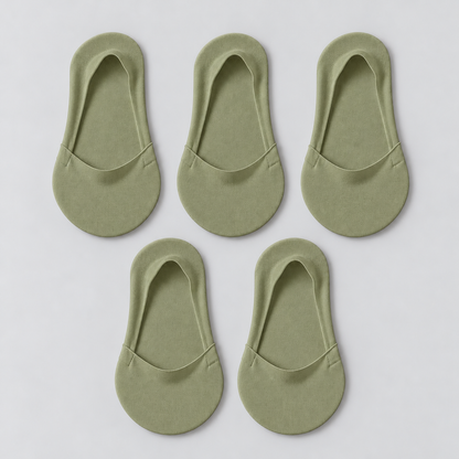 Five olive low-cut socks with smooth opening edges; pack contains 5 pairs.