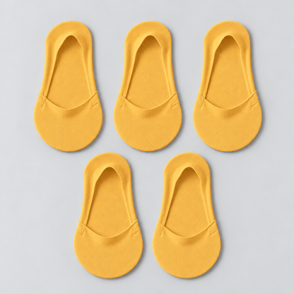 Five yellow low-cut socks with smooth opening edges; pack contains 5 pairs.