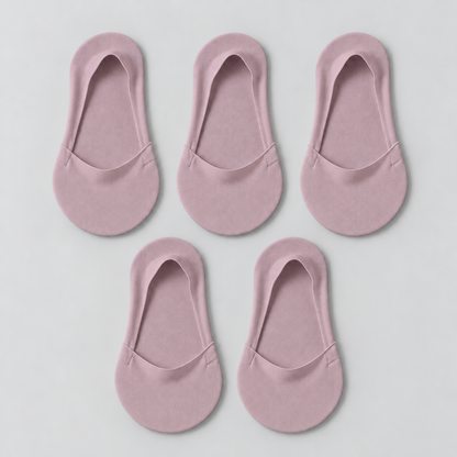 Five mauve low-cut socks with smooth opening edges; pack contains 5 pairs.