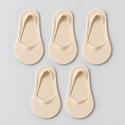 Five cream low-cut socks with smooth opening edges; pack contains 5 pairs.